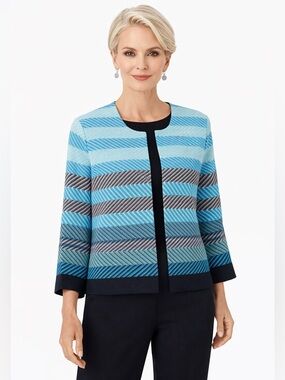 Misook Knit Blazer Jacket L Blue Chevron Stripe Hook Front Career Office